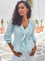 Sosandar Blue Broderie Ruffle Detail 100% Cotton Blouse - Image 3 of 5