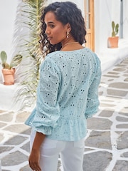 Sosandar Blue Broderie Ruffle Detail 100% Cotton Blouse - Image 4 of 5