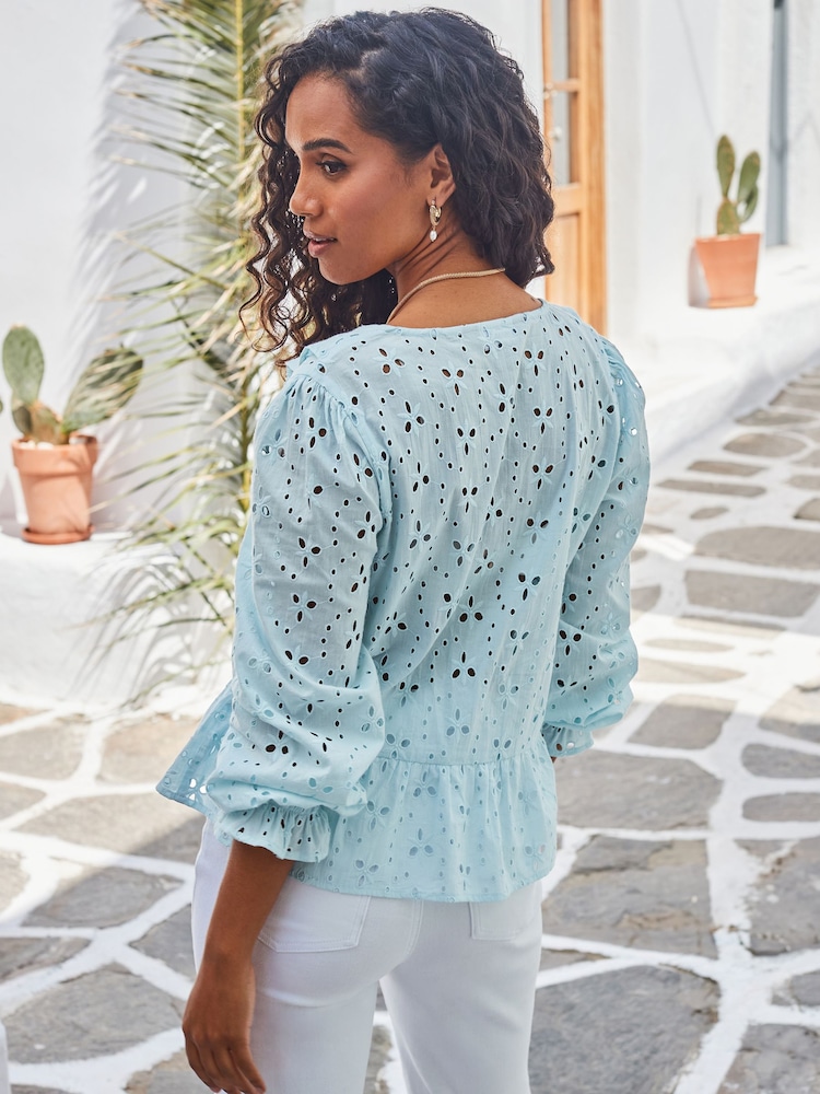 Sosandar Blue Broderie Ruffle Detail 100% Cotton Blouse - Image 4 of 5