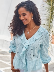 Sosandar Blue Broderie Ruffle Detail 100% Cotton Blouse - Image 5 of 5
