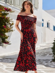Sosandar Black Floral Print Shirred Body Bardot Maxi Dress - Image 1 of 5