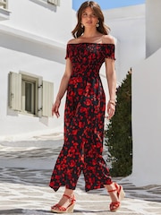 Sosandar Black Floral Print Shirred Body Bardot Maxi Dress - Image 3 of 5