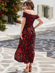 Sosandar Black Floral Print Shirred Body Bardot Maxi Dress - Image 5 of 5