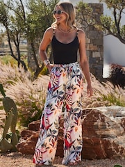 Sosandar Black Tropical Palm Print Wide Leg Trousers - Image 1 of 5