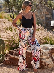 Sosandar Black Tropical Palm Print Wide Leg Trousers - Image 4 of 5