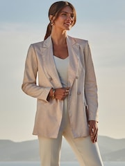 Sosandar Pink Animal Jacquard Satin Double Breasted Blazer - Image 1 of 5