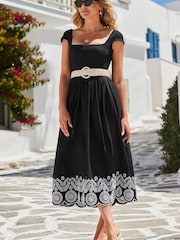 Sosandar Black Embroidered Hem Square Neckline Jersey 100% Cotton Midi Dress - Image 1 of 6