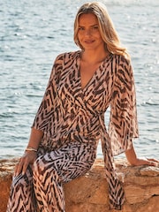 Sosandar Natural Animal Print Satin Wrap Front Wide Leg Jumpsuit - Image 4 of 5