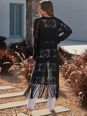 Sosandar Black Crochet Tassel Detail Maxi Cardigan - Image 3 of 5