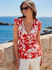 Sosandar Red Floral Print Frill Sleeve Wrap Front Jersey Top - Image 4 of 4