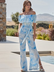 Sosandar Blue Floral Print Bardot Wide Leg Crinkle Jumpsuit With Belt - Image 2 of 5