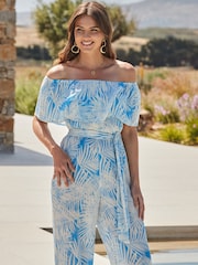 Sosandar Blue Floral Print Bardot Wide Leg Crinkle Jumpsuit With Belt - Image 3 of 5
