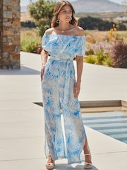Sosandar Blue Floral Print Bardot Wide Leg Crinkle Jumpsuit With Belt - Image 4 of 5