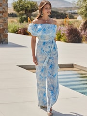 Sosandar Blue Floral Print Bardot Wide Leg Crinkle Jumpsuit With Belt - Image 5 of 5