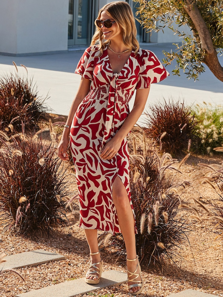 Sosandar Red Floral Print Angel Sleeve ShirWaist Midi Dress - Image 2 of 5