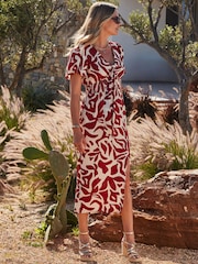 Sosandar Red Floral Print Angel Sleeve ShirWaist Midi Dress - Image 3 of 5