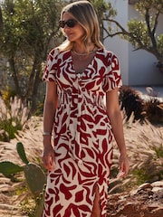 Sosandar Red Floral Print Angel Sleeve ShirWaist Midi Dress - Image 5 of 5