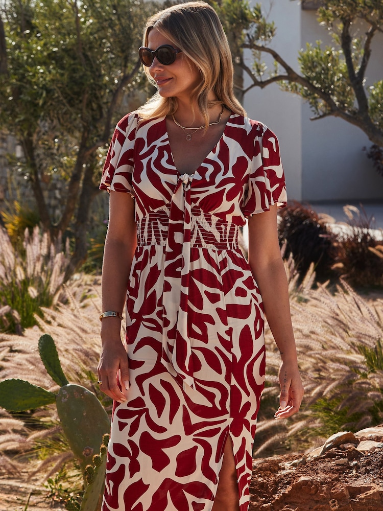 Sosandar Red Floral Print Angel Sleeve ShirWaist Midi Dress - Image 5 of 5