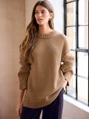 Camel Premium Seam Detail Fine Knitted Jumper - Image 3 of 8
