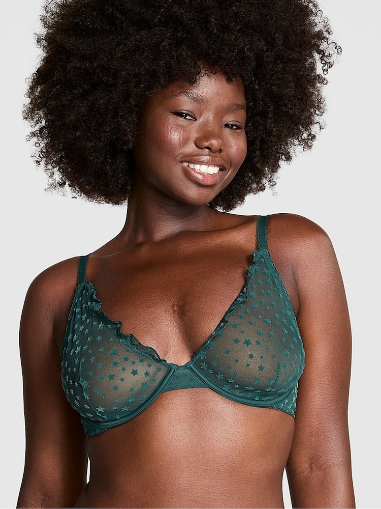 Victoria's Secret PINK Deep Forest Green Plunge Star Chaser Lace Unlined Bra - Image 1 of 3