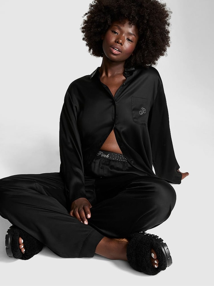 Victoria's Secret PINK Black Diamante Long Pyjama Set - Image 1 of 2