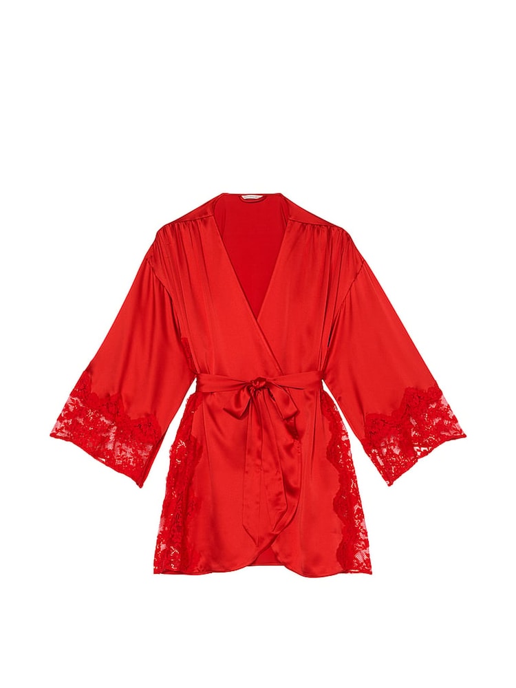 Victoria's Secret Vermillion Red Satin Lace Trim Robe - Image 3 of 3