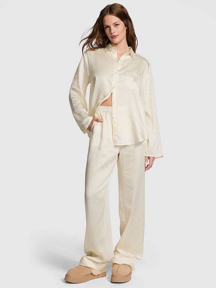 Victoria's Secret PINK Creamer White Diamante Long Pyjama Set - Image 1 of 3