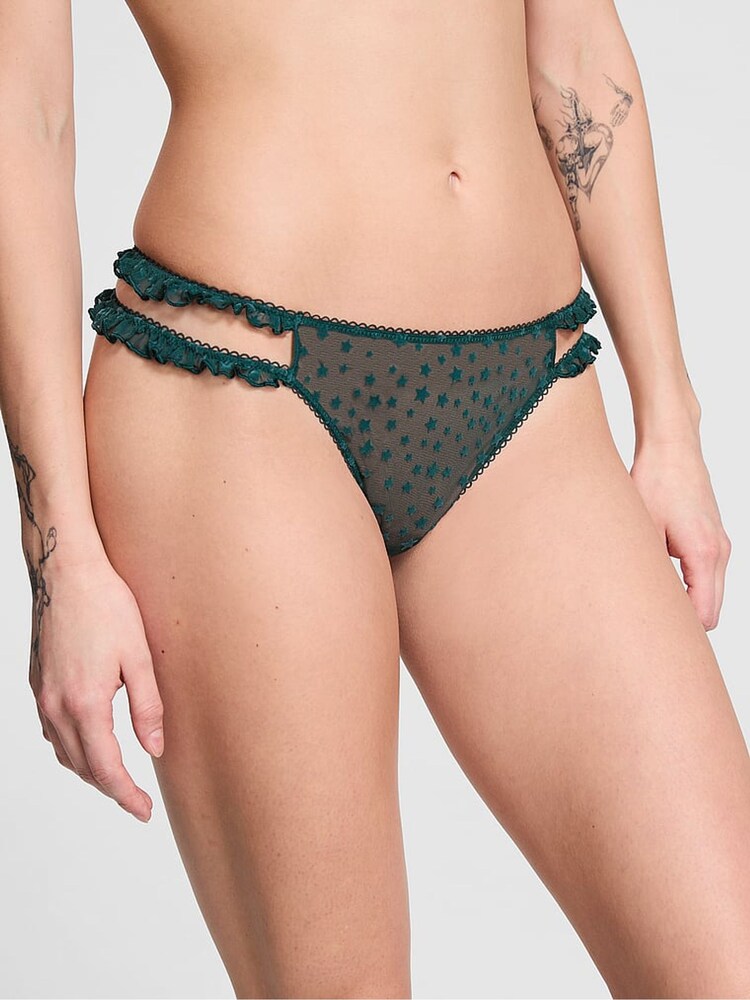 Victoria's Secret PINK Deep Forest Green Thong Star Chaser Lace Knickers - Image 1 of 4