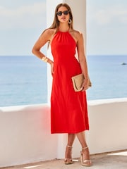 Sosandar Red Linen Halter Neck Fit & Flare Dress - Image 1 of 5