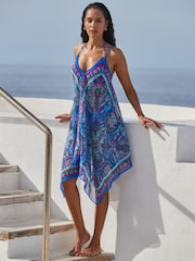 Sosandar Blue Scarf Print Hanky Hem Beach Dress - Image 1 of 5