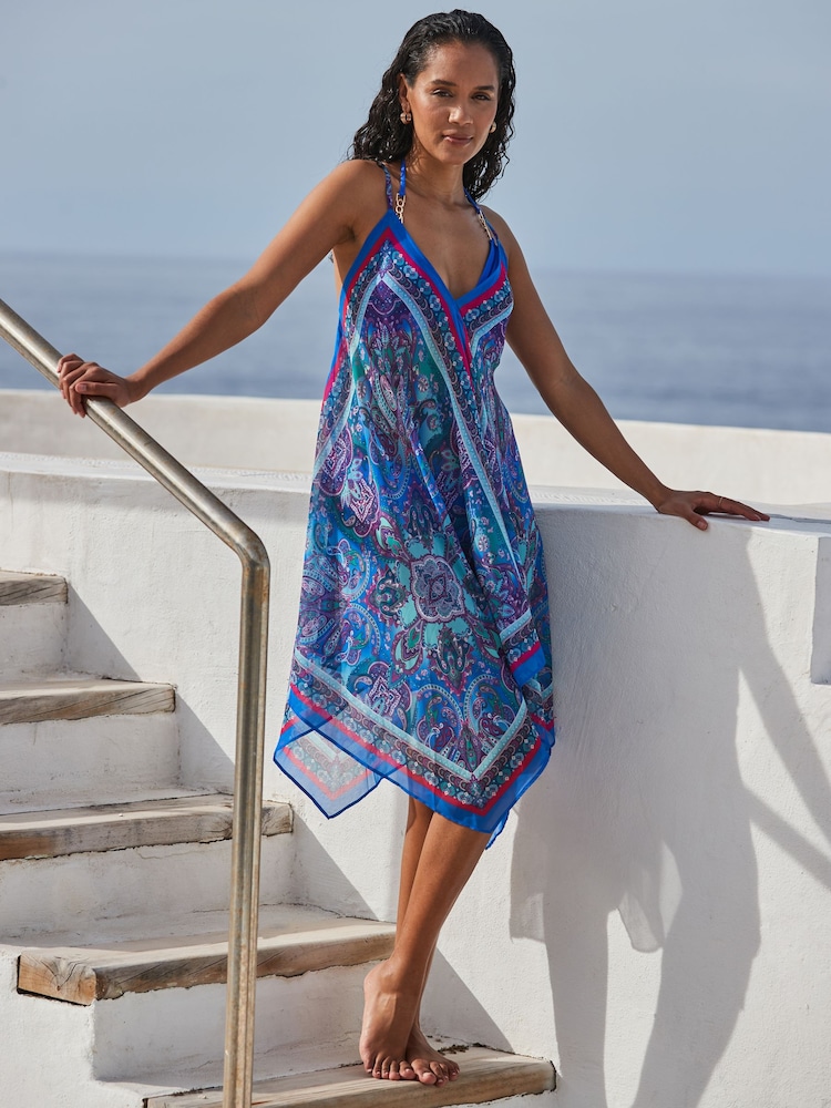 Sosandar Blue Scarf Print Hanky Hem Beach Dress - Image 2 of 5