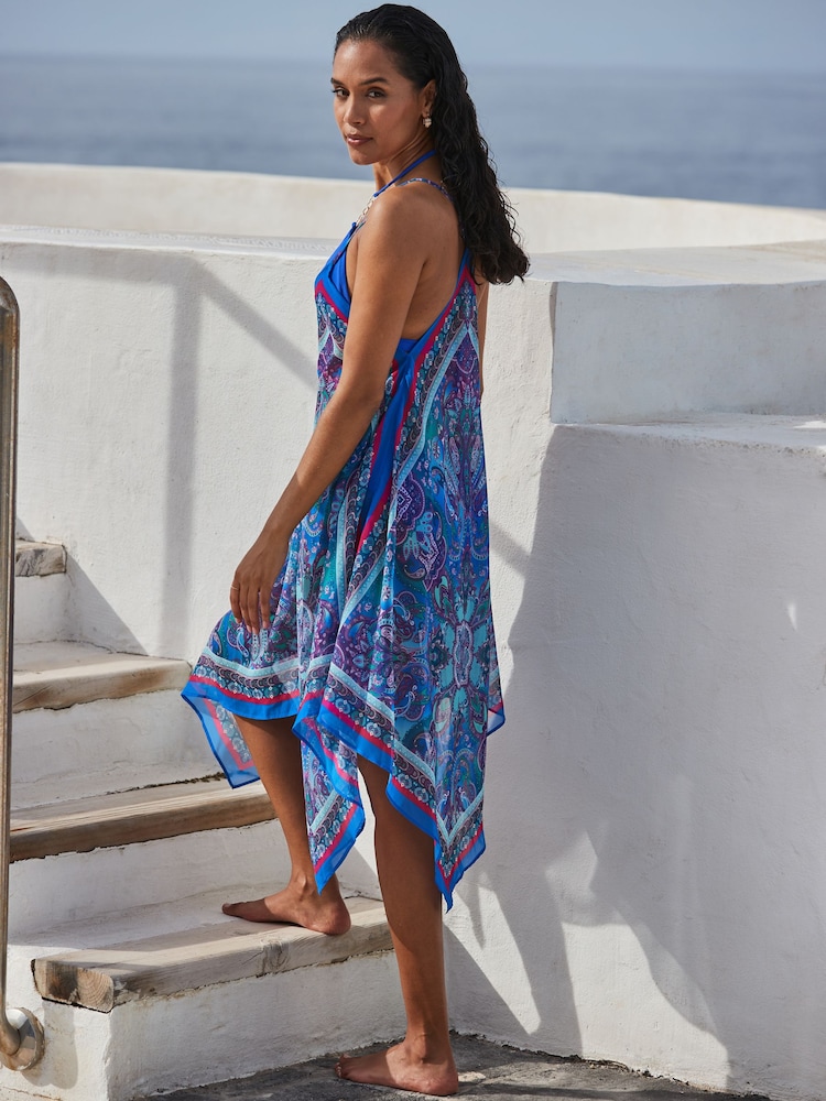 Sosandar Blue Scarf Print Hanky Hem Beach Dress - Image 5 of 5