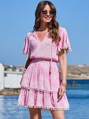 Sosandar Pink Scarf Print Pom Pom Trim Crinkle Beach Dress - Image 1 of 5