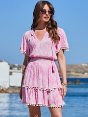 Sosandar Pink Scarf Print Pom Pom Trim Crinkle Beach Dress - Image 3 of 5