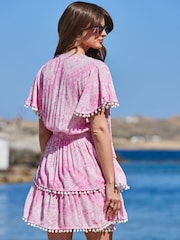 Sosandar Pink Scarf Print Pom Pom Trim Crinkle Beach Dress - Image 4 of 5