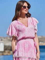 Sosandar Pink Scarf Print Pom Pom Trim Crinkle Beach Dress - Image 5 of 5