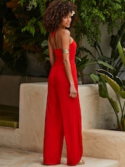 Sosandar Red Ring Detail Halter Neck Jumpsuit - Image 4 of 5