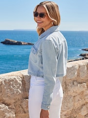 Sosandar Blue Relaxed Fit 100% Cotton Cropped Denim Jacket - Image 4 of 5