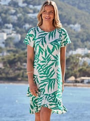 Sosandar Green Palm Print Ruffle Detail Shift Jersey Dress - Image 5 of 5