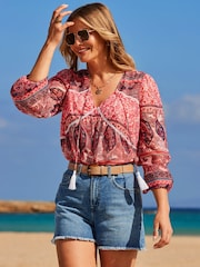 Sosandar Pink Scarf Print Blouson Sleeve Tassel Detail Blouse - Image 1 of 5
