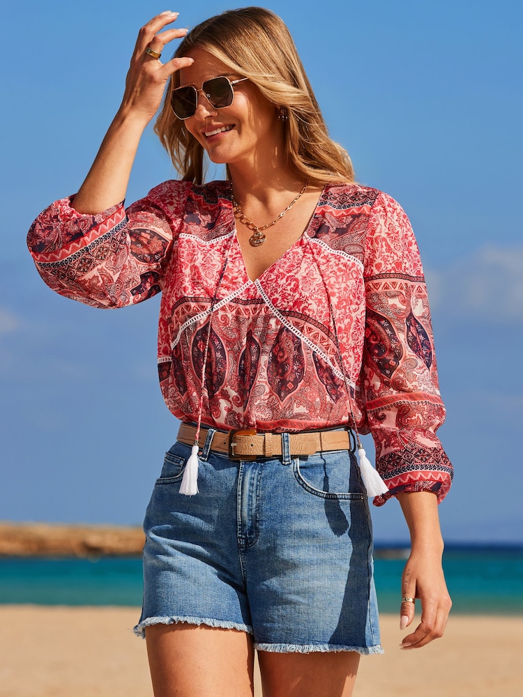 Sosandar Pink Scarf Print Blouson Sleeve Tassel Detail Blouse - Image 1 of 5