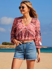 Sosandar Pink Scarf Print Blouson Sleeve Tassel Detail Blouse - Image 3 of 5