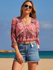Sosandar Pink Scarf Print Blouson Sleeve Tassel Detail Blouse - Image 4 of 5