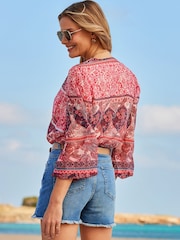 Sosandar Pink Scarf Print Blouson Sleeve Tassel Detail Blouse - Image 5 of 5