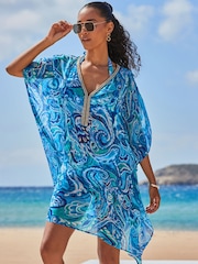 Sosandar Blue Paisley Print Embellished Neckline Kaftan - Image 4 of 5