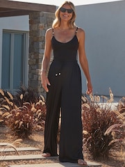 Sosandar Black Plisse Relaxed Fit Wide Leg Trousers - Image 4 of 5
