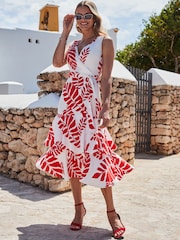 Sosandar Red Palm Print Midi Wrap Dress - Image 1 of 5