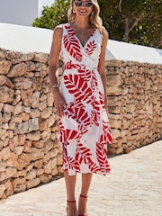 Sosandar Red Palm Print Midi Wrap Dress - Image 3 of 5