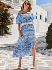 Sosandar Blue Scarf Print Bardot Midaxi Dress - Image 2 of 5