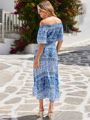 Sosandar Blue Scarf Print Bardot Midaxi Dress - Image 4 of 5